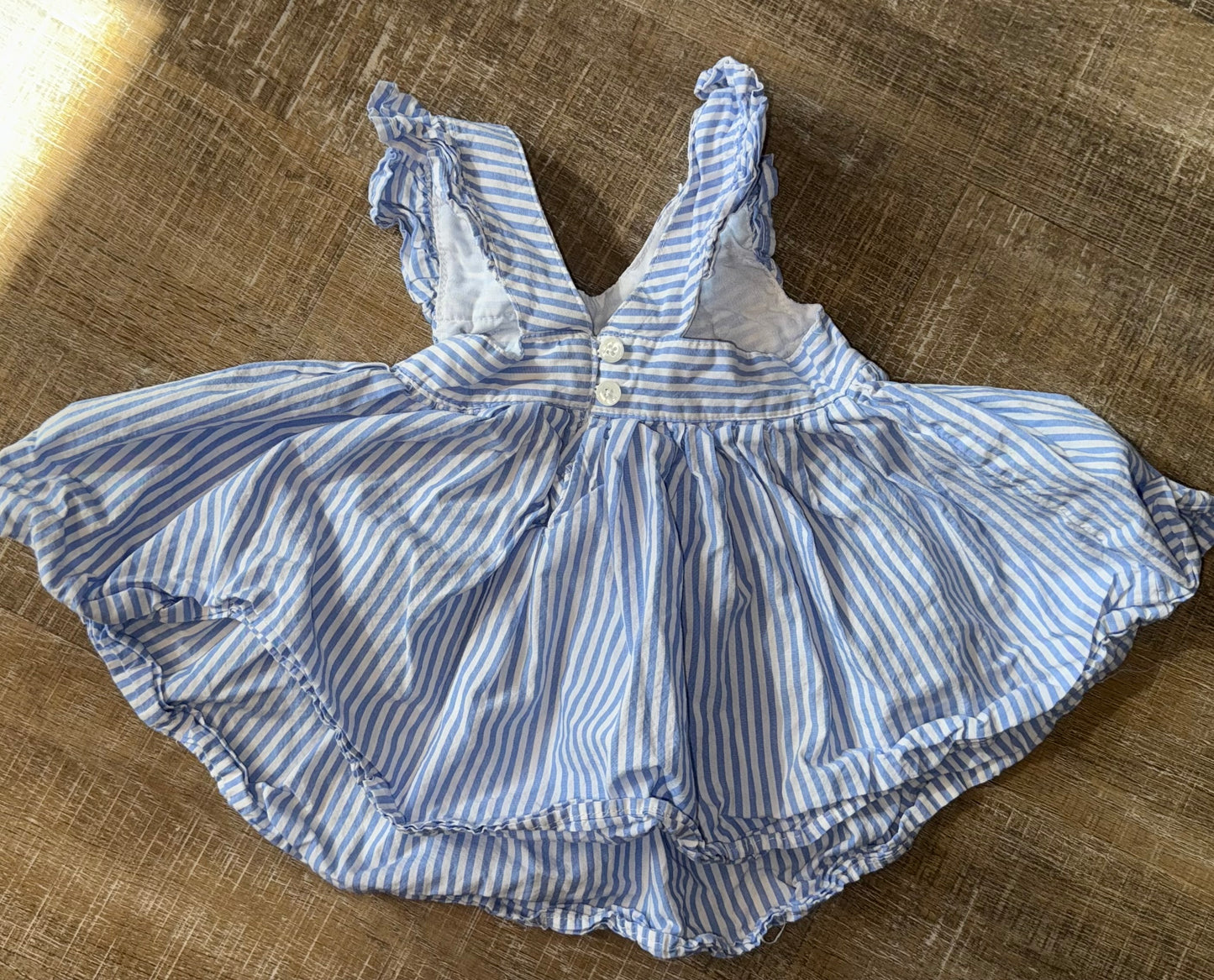 Tahari (2T) Blue & White Striped Dress with Embroidered Neck & Ruffle Sleeves