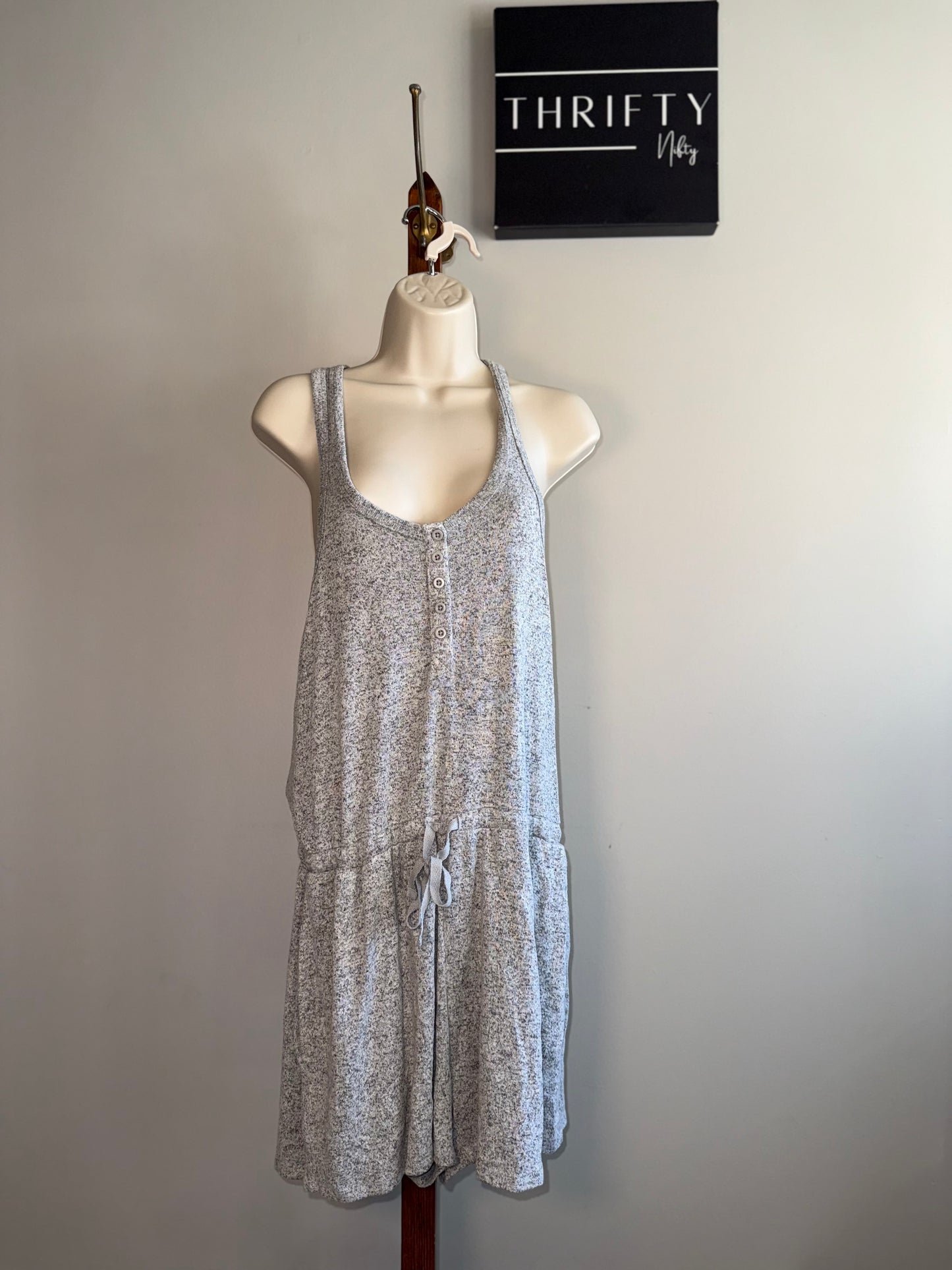 Serra (Medium) Grey V-Neck 3/4 Button Up Sleeveless Romper