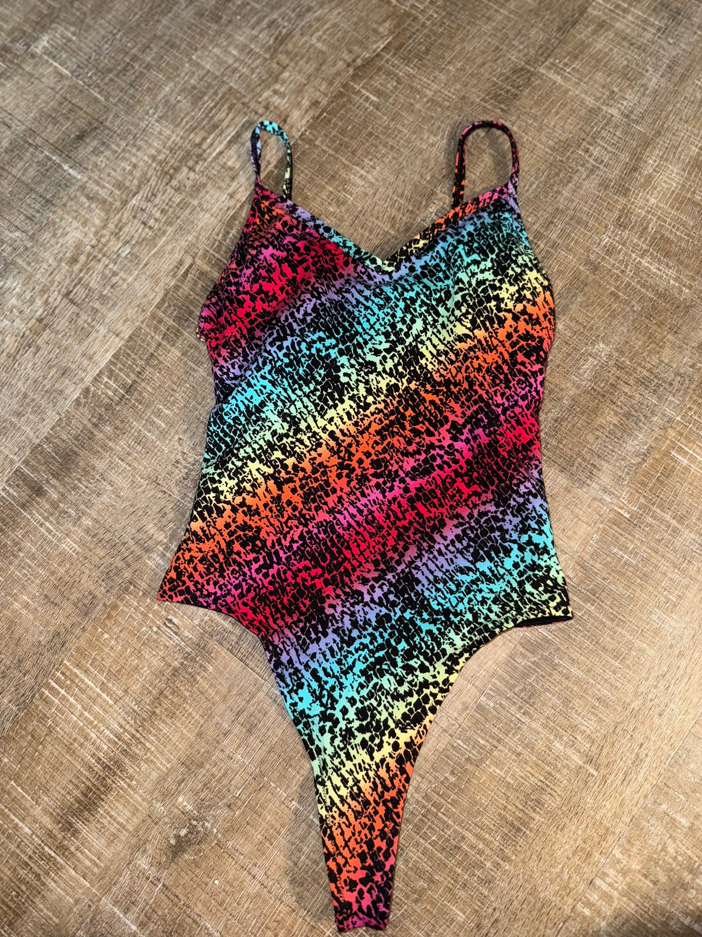 NWT PINK Victoria's Secret (XS) Brand New Black Spec Rainbow Pattern Bodysuit