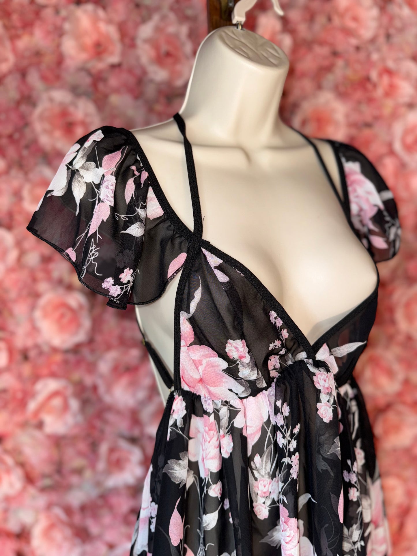 (Large) Black Floral Sheer Lightweight Lingerie Dress with Open Back