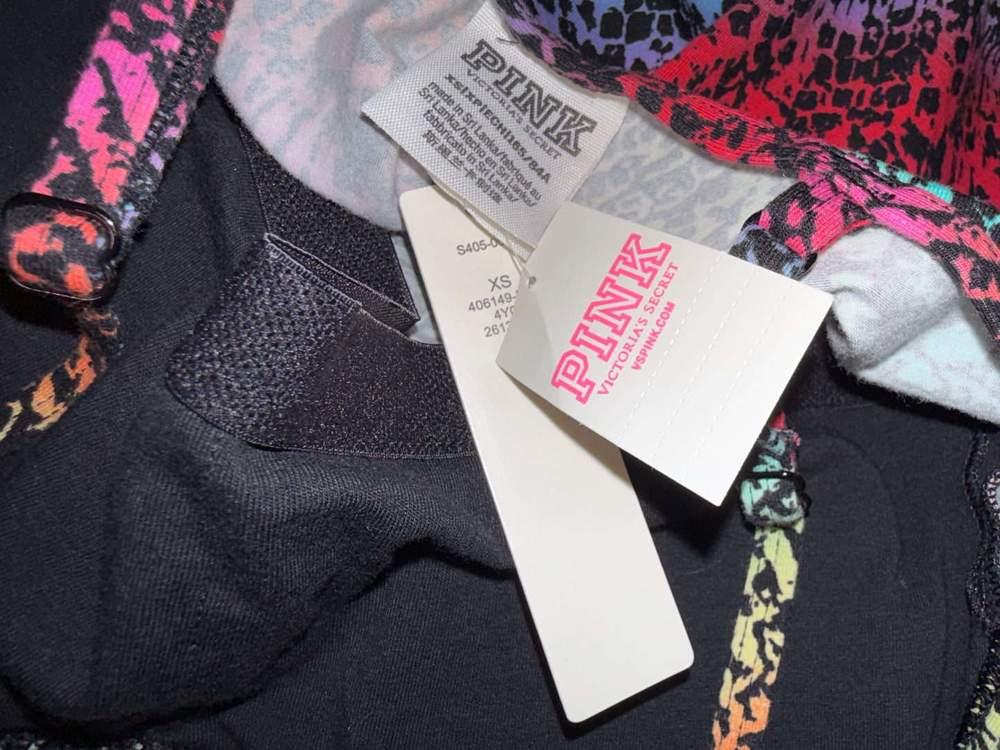 NWT PINK Victoria's Secret (XS) Brand New Black Spec Rainbow Pattern Bodysuit