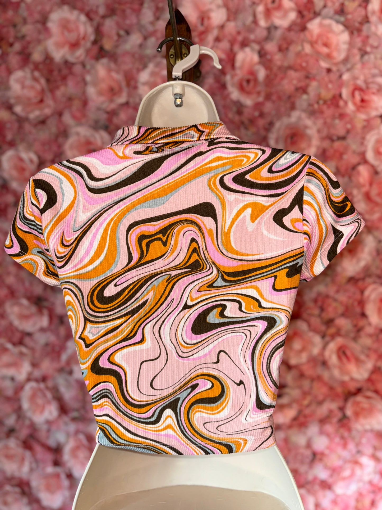Just Polly (Small) Pink/Brown Swirl Pattern Button Up Crop Top
