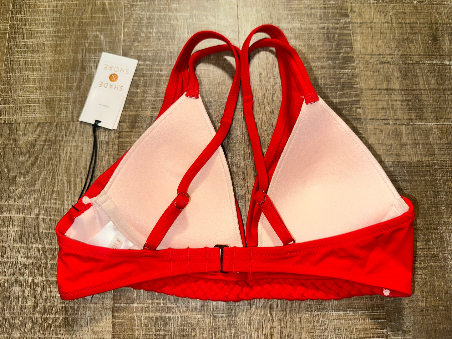 NWT Shade & Shore (32B) Brand New Red Bikini Top with Low V-Neck & Braid Trim