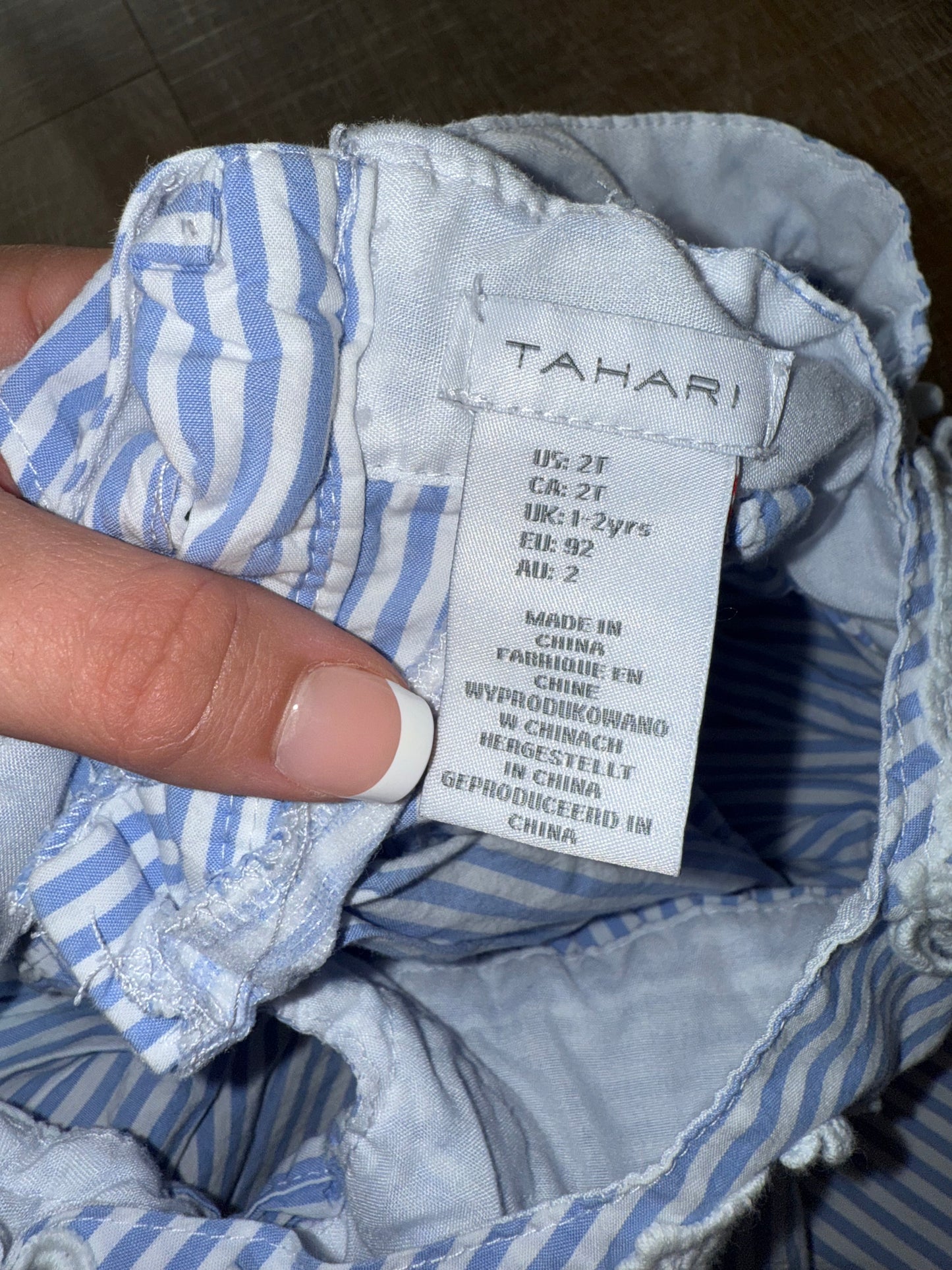 Tahari (2T) Blue & White Striped Dress with Embroidered Neck & Ruffle Sleeves