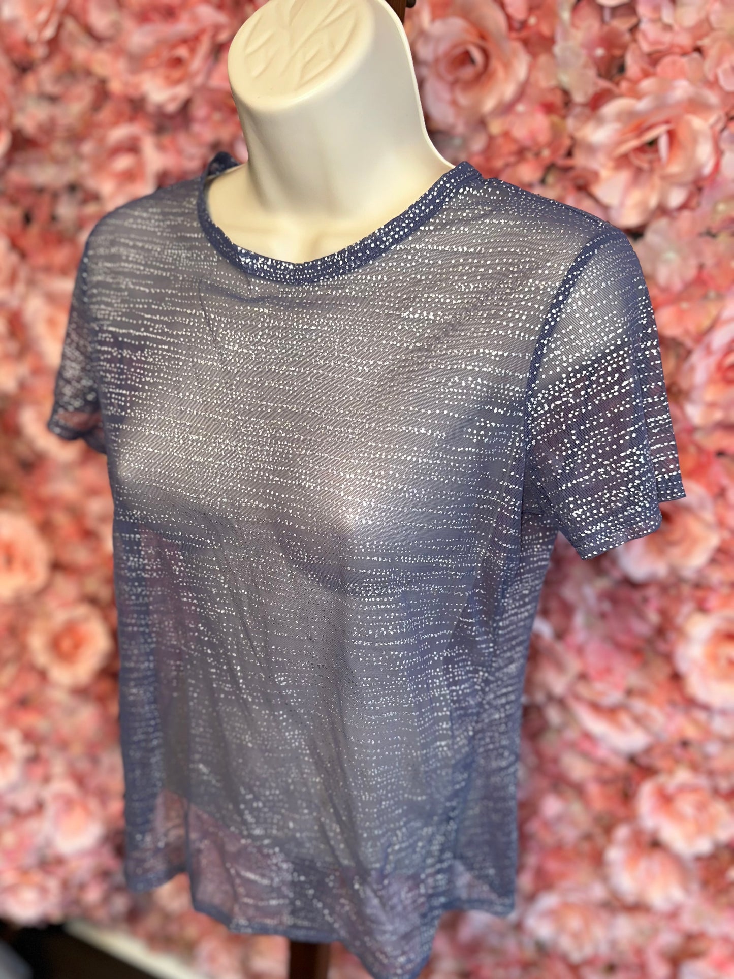 Victoria's Secret (S) Purple Sheer See Thru Short Sleeve Top w Sparkle Pattern