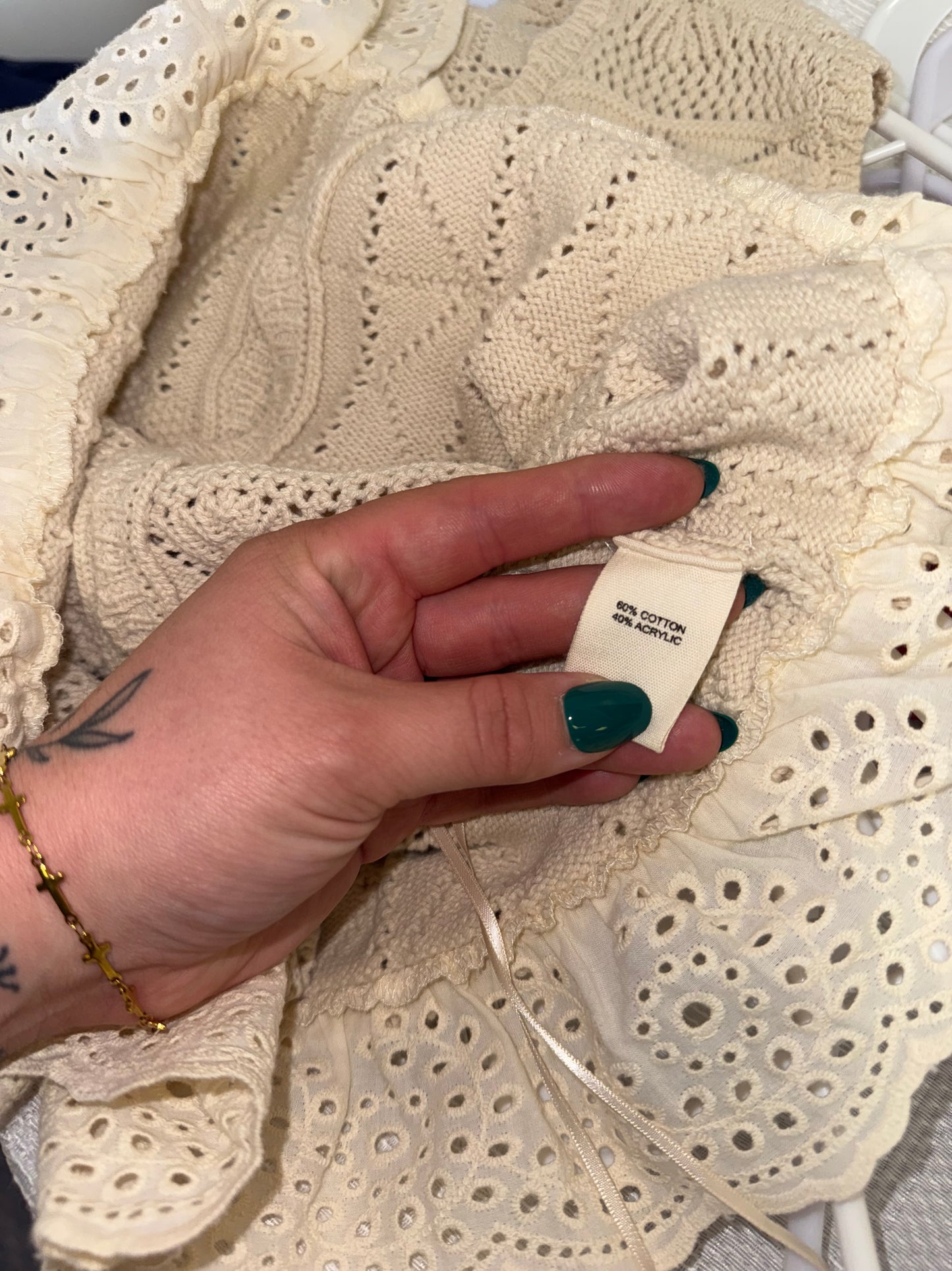 Marled (Large) Cream Crochet Knit Buttoned Sweater Vest