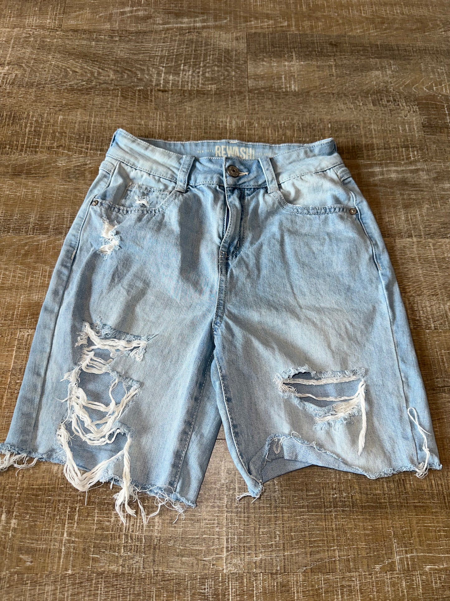 Rewash (1) Light Wash Super High Rise Vintage Reunion Distressed Jean Shorts