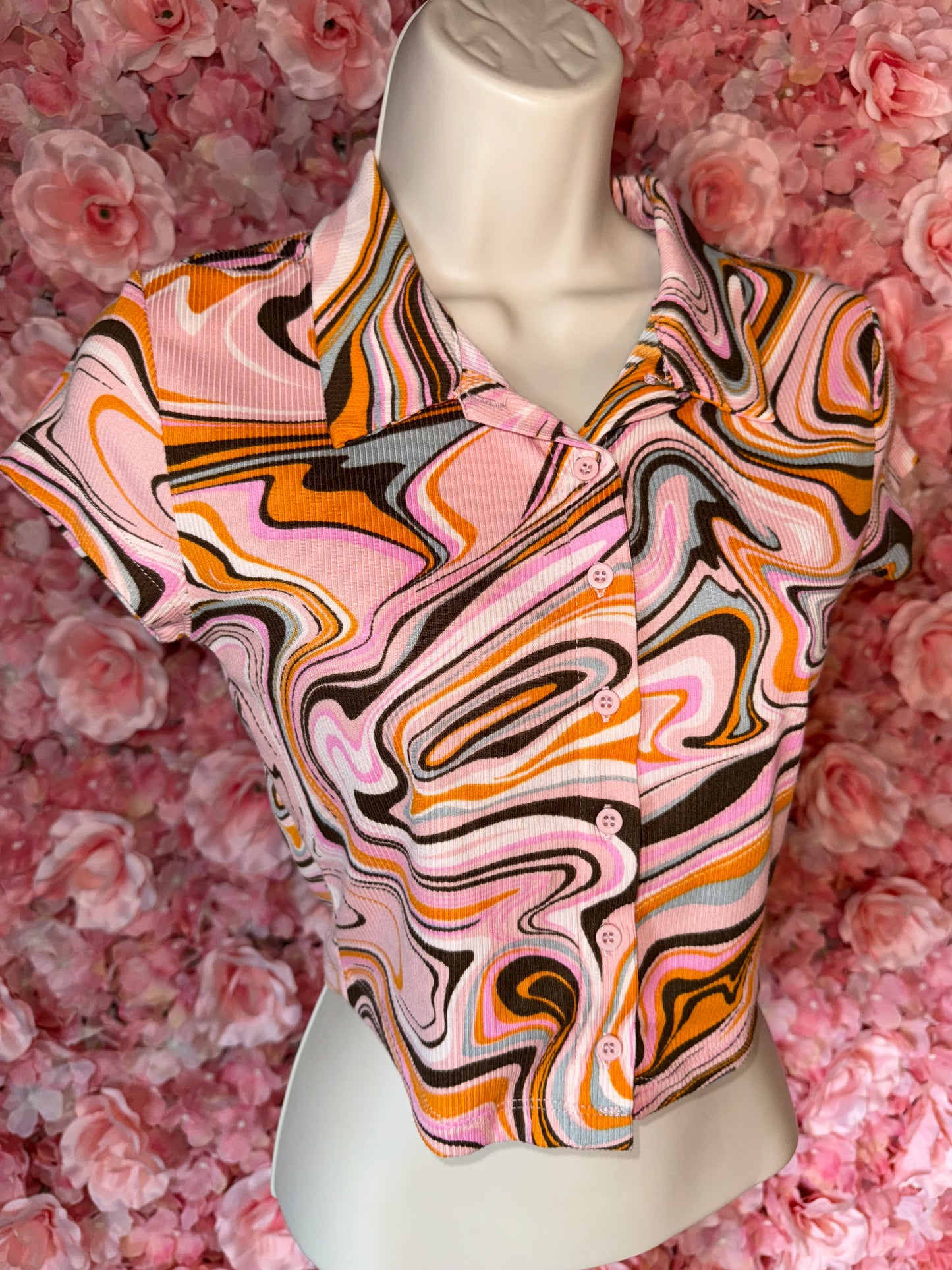 Just Polly (Small) Pink/Brown Swirl Pattern Button Up Crop Top