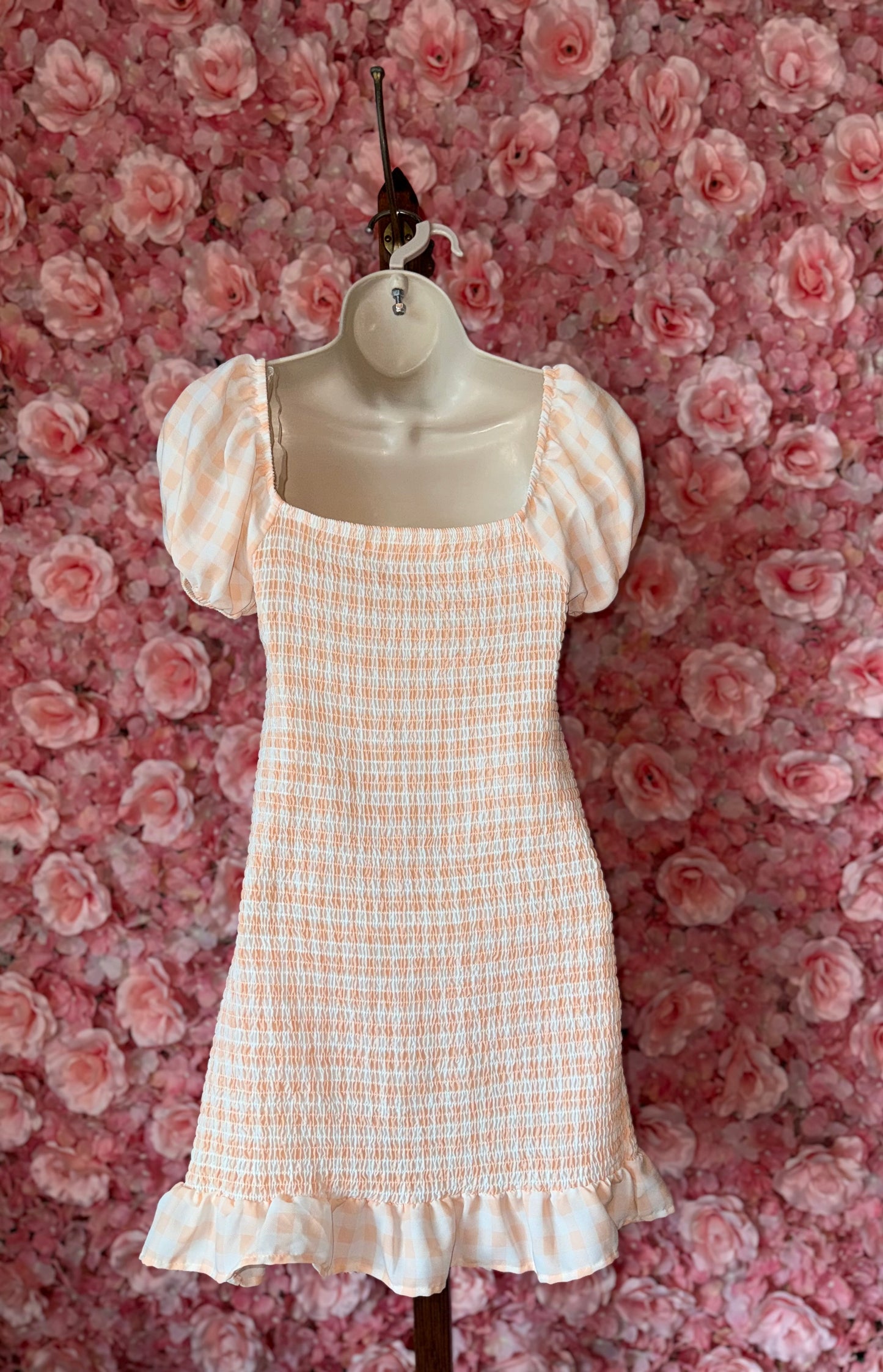 Madden NYC (Medium) Peach & White Plaid Off-The-Shoulder Dress with Stretch