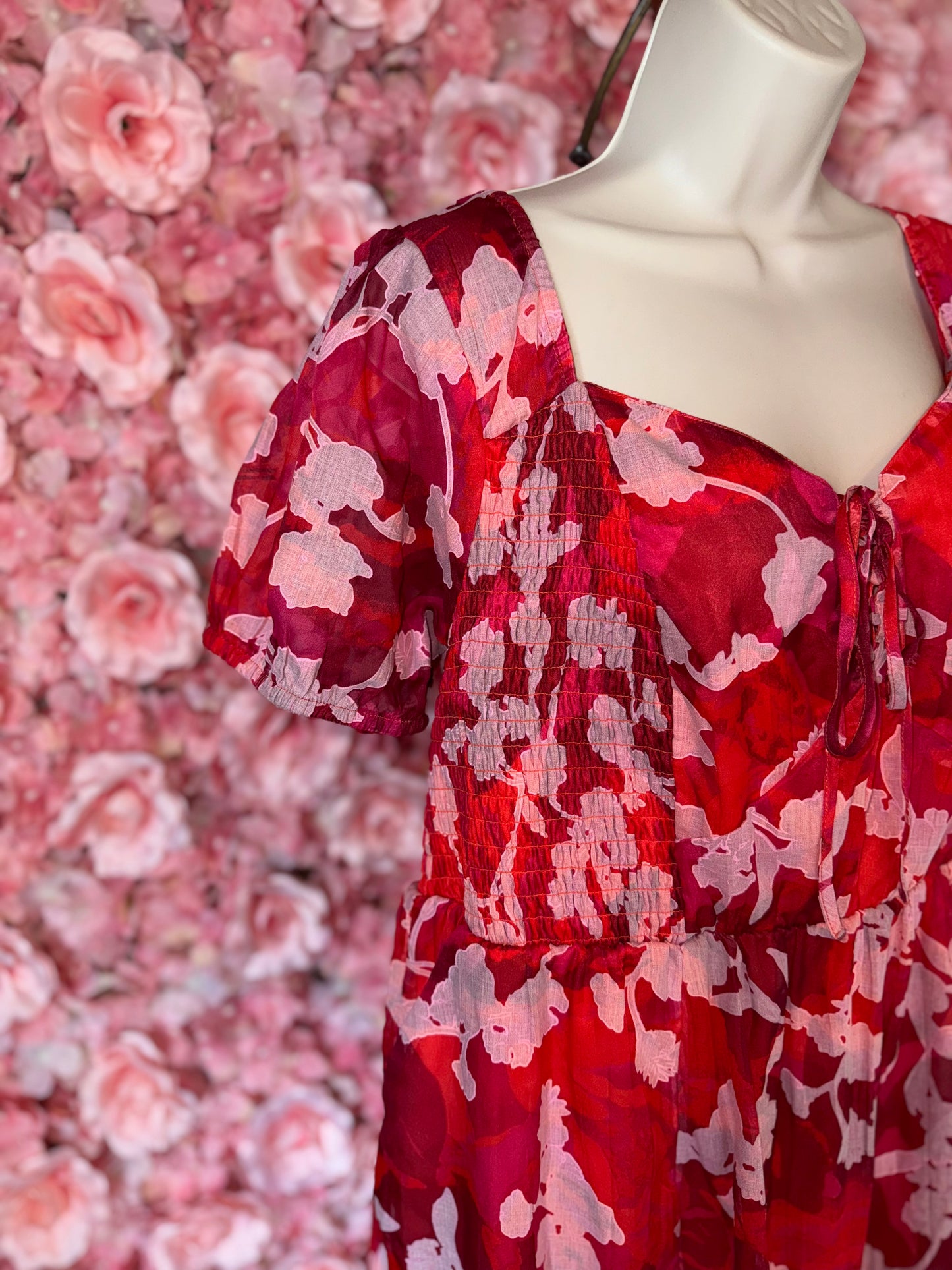 Torrid (2) Red//Pink Floral Sheer Lace Up Maxi Dress