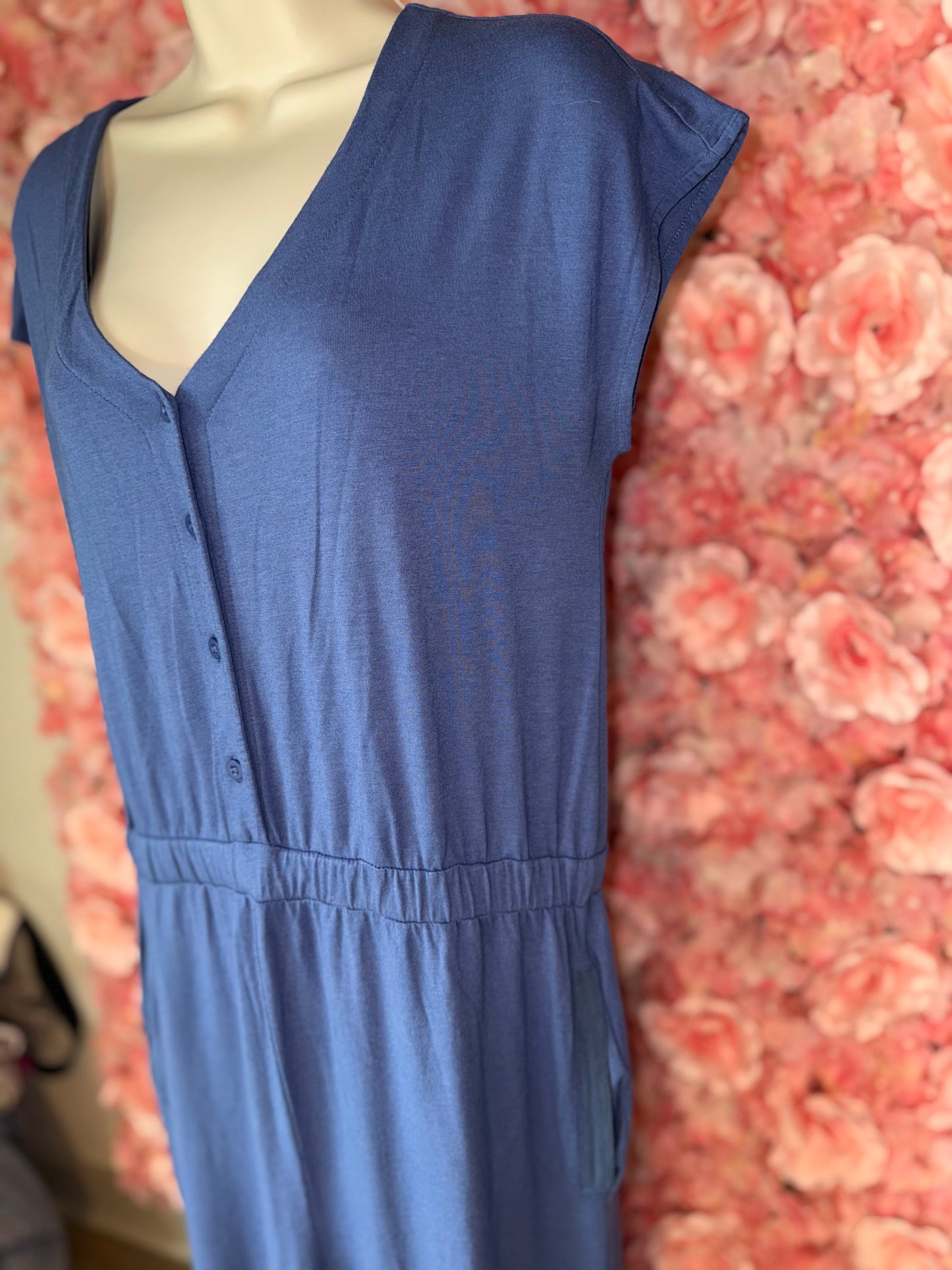 Brooklyn Industries (Small) Blue Button Up V-Neck Jumpsuit with Pockets