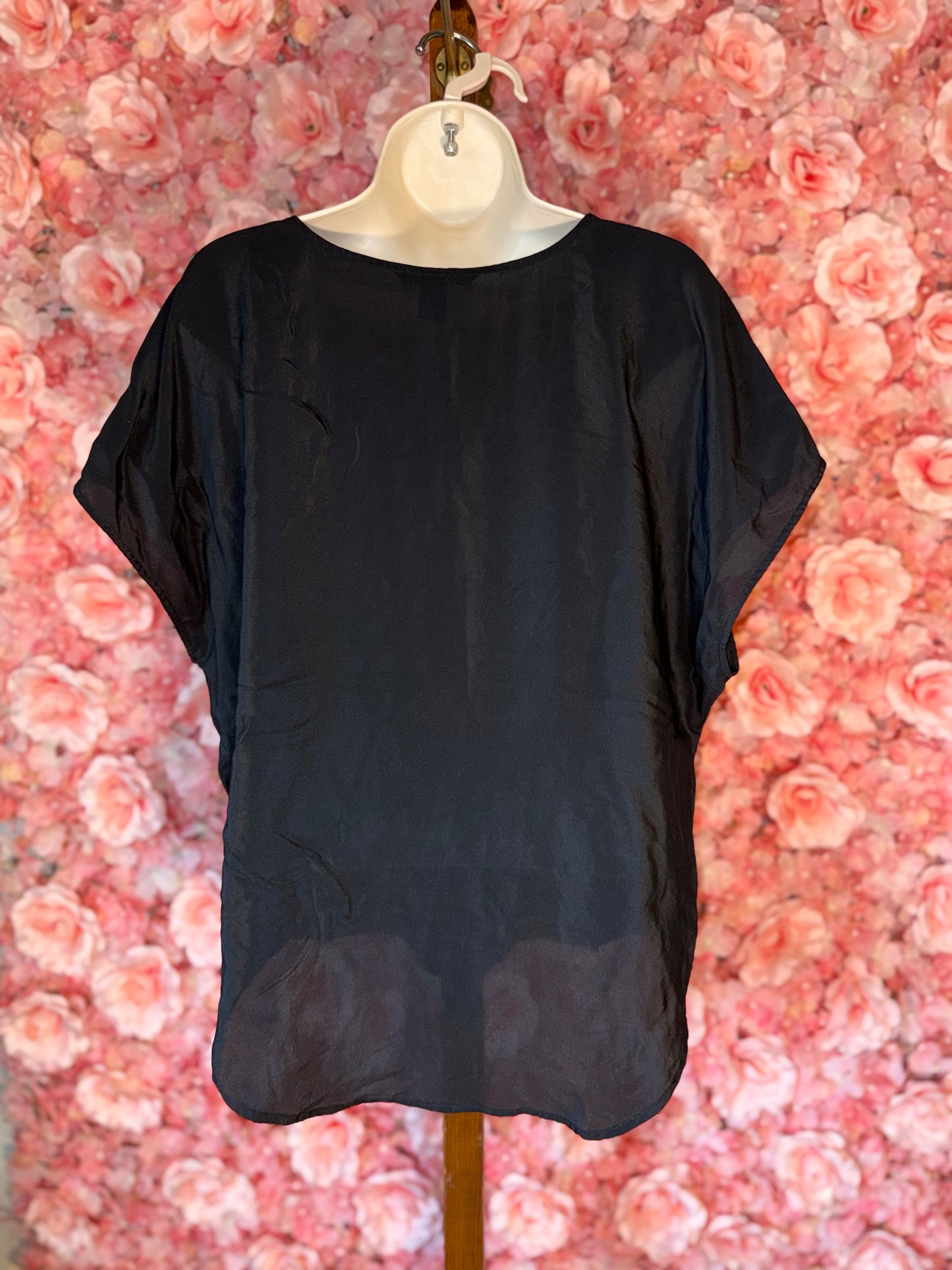 Victoria's Secret (Medium) Black Silk Short Sleeve Top with Scoop Neck
