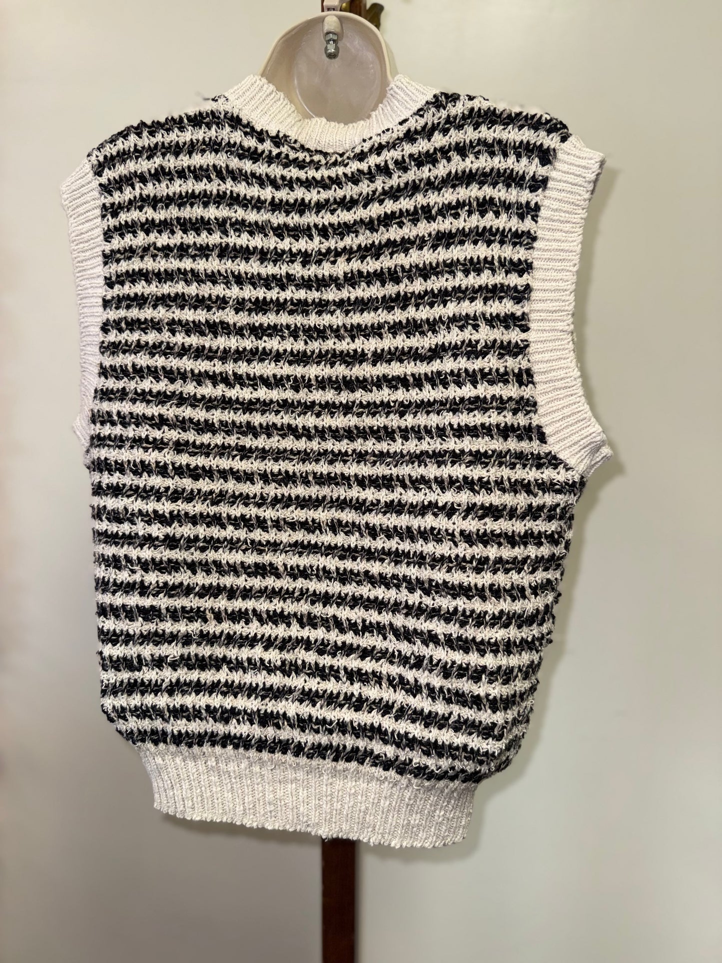 Tony Lambert (Large) Vintage Neutral Striped V-Neck Sleeveless Knit Sweater Vest