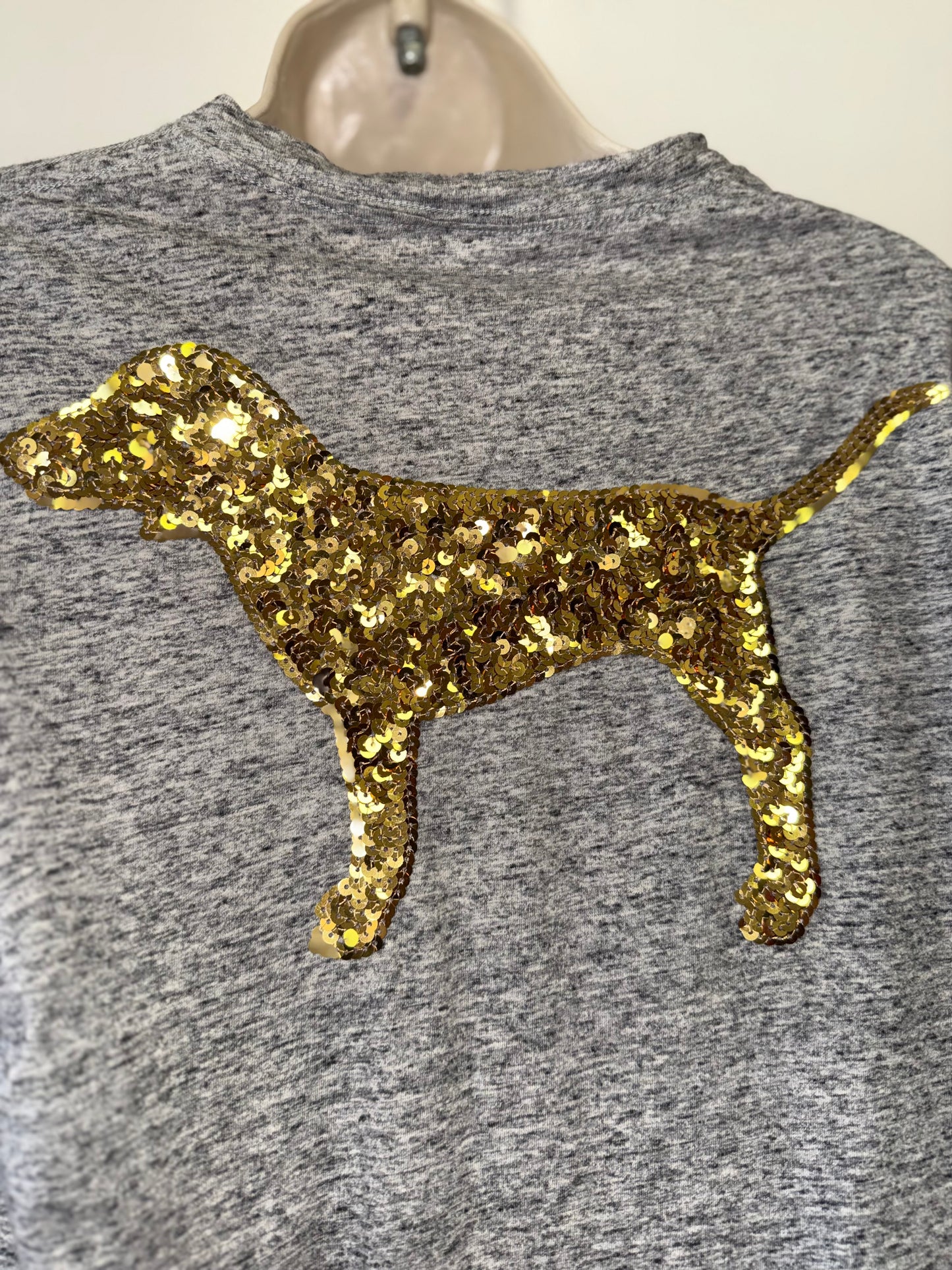 PINK Victoria's Secret (XS) Grey/White Striped Logo Sleeves & Gold Sequin Dog