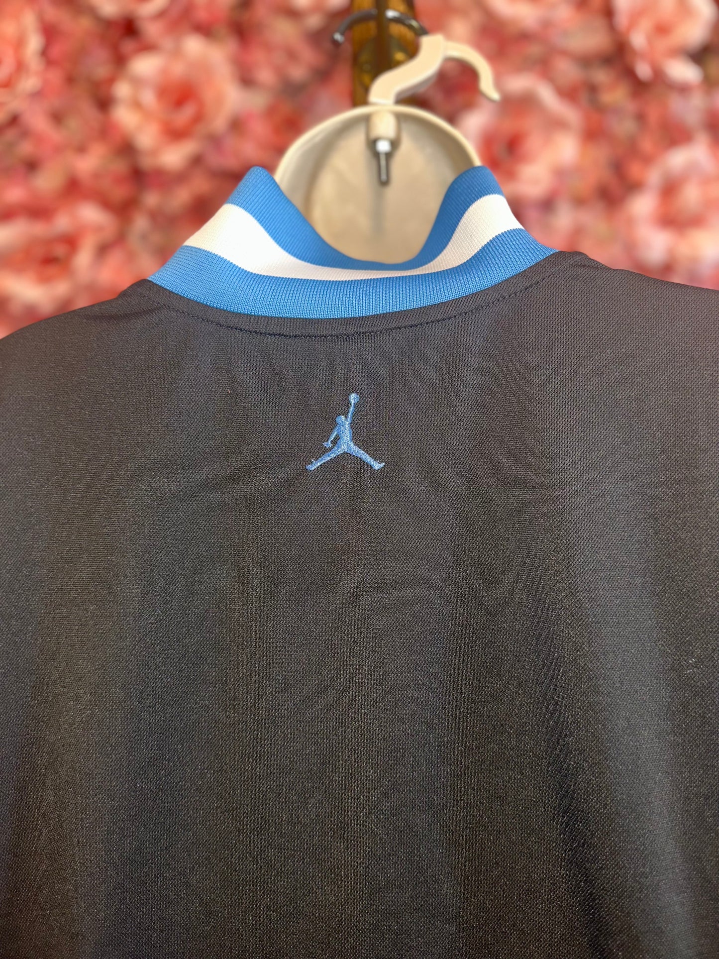 Jordan (XL) Black Dri Fit Zip Up Warm Up Track Jacket w Blue/White Striped Trim