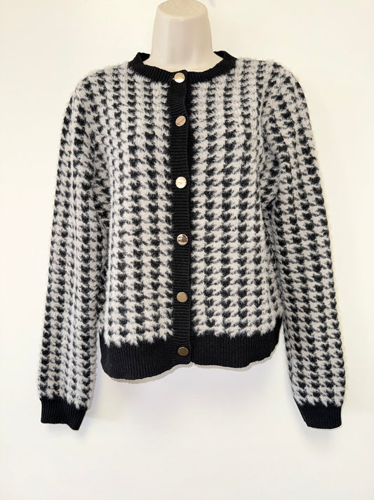 Tahari (Medium) Black & White Houndstooth Pattern Buttoned Sweater Cardigan