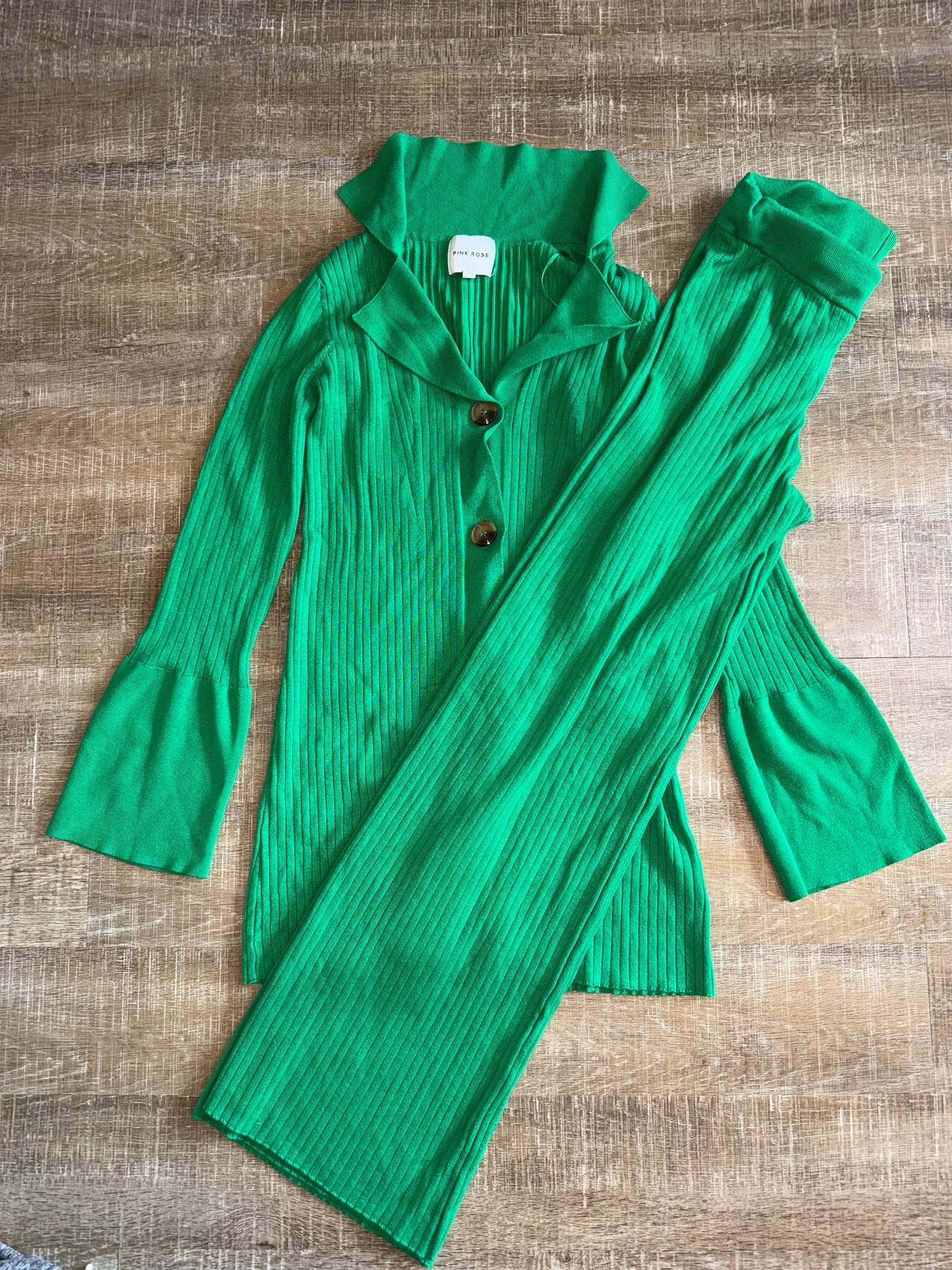 Pink Rose (Small) Green Ribbed Bootcut Pants and Button Up Top SET
