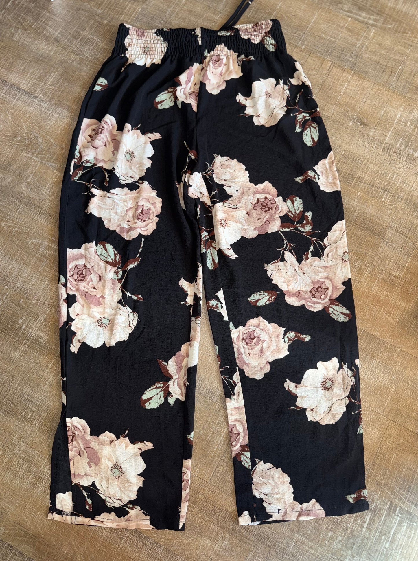 SHEIN (Large) Black Floral Wide Leg Lightweight Tied Pants