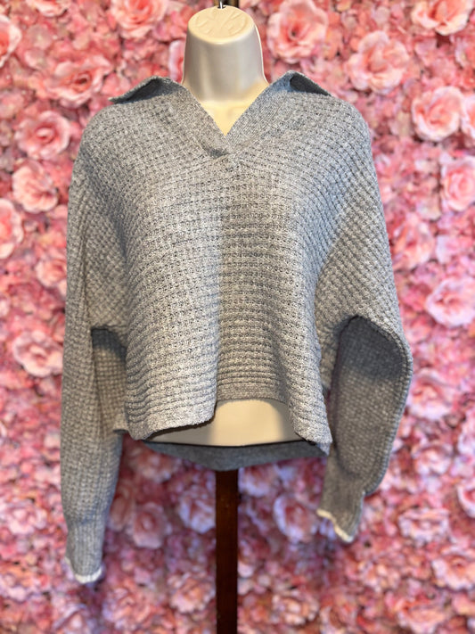 SO (Large) Grey Knit V-Neck Collar Cropped Sweater