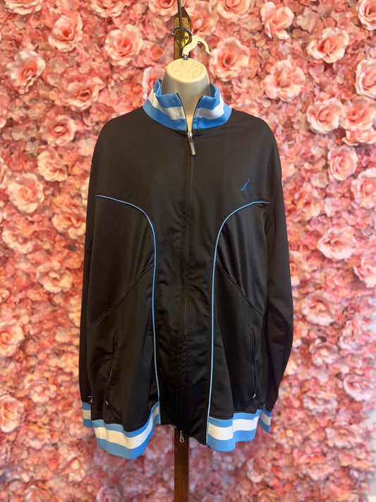 Jordan (XL) Black Dri Fit Zip Up Warm Up Track Jacket w Blue/White Striped Trim