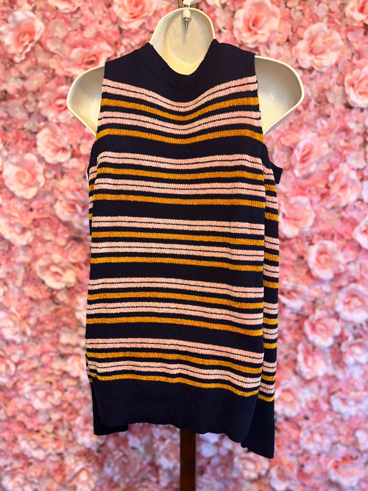 LOFT (Small) Navy Blue//Orange//Pink Soft Striped Cold Shoulder Knit Sweater