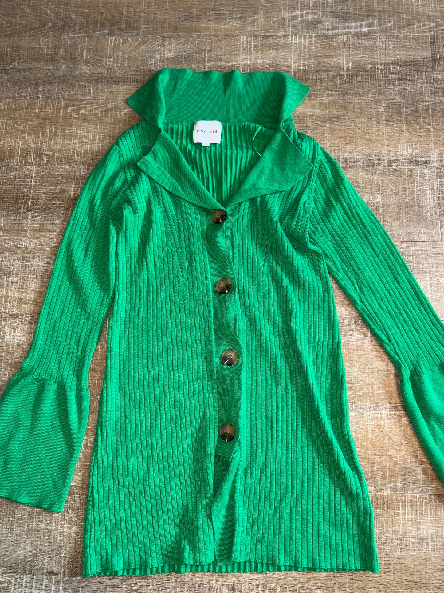 Pink Rose (Small) Green Ribbed Bootcut Pants and Button Up Top SET