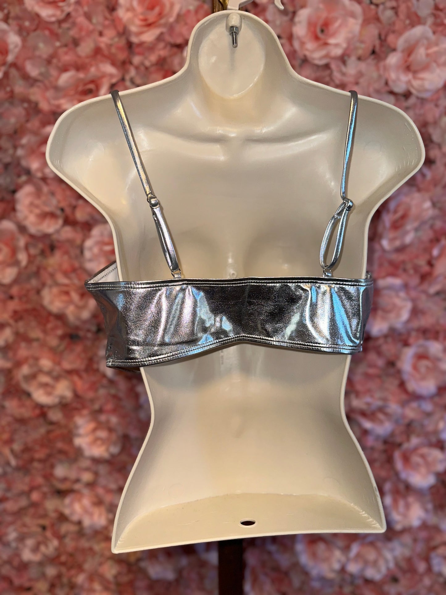 Brand New (Large) Silver Metallic Crop Top Shiny Rave Bra Tie Front Bikini