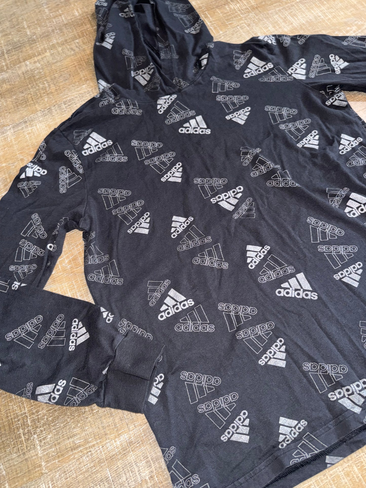 adidas (Kids XL) Black//Grey Logo Pattern Long Sleeve with Hoodie