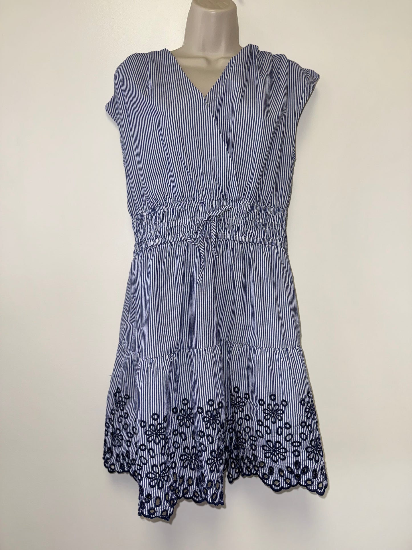 Rachel Zoe (Large) Blue and White Striped Dress with Embroidered Floral Hem