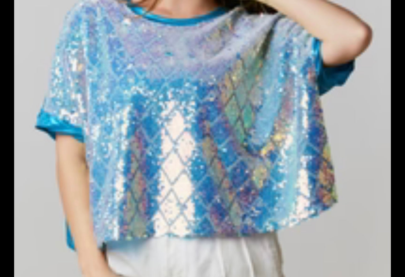 Fantastic Fawn (Retail $99) Blue Sequin Geometric Reflective Cropped Blouse (Medium)