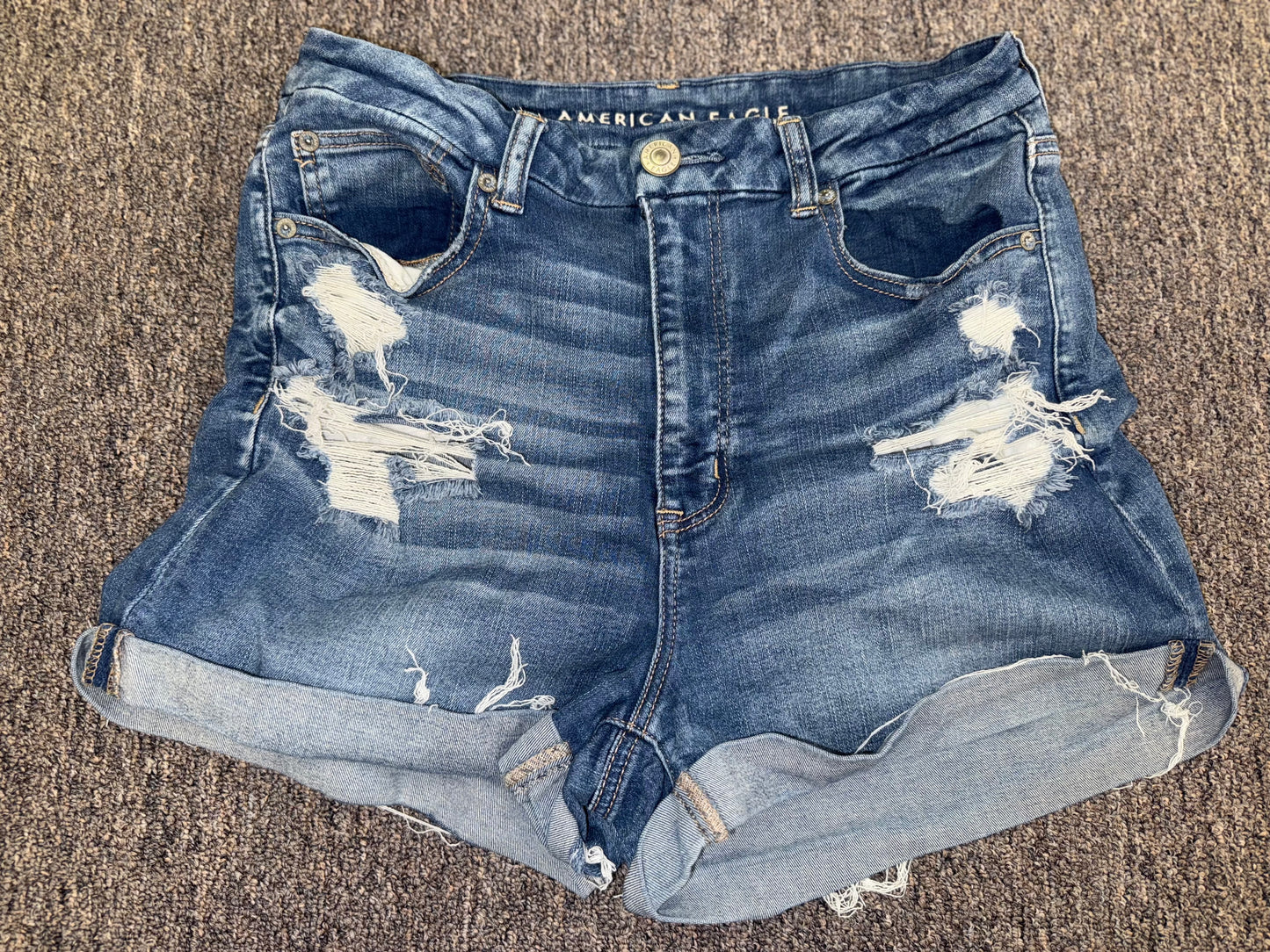American Eagle (12) Distressed Denim Curvy High Rise Shortie Jean Shorts