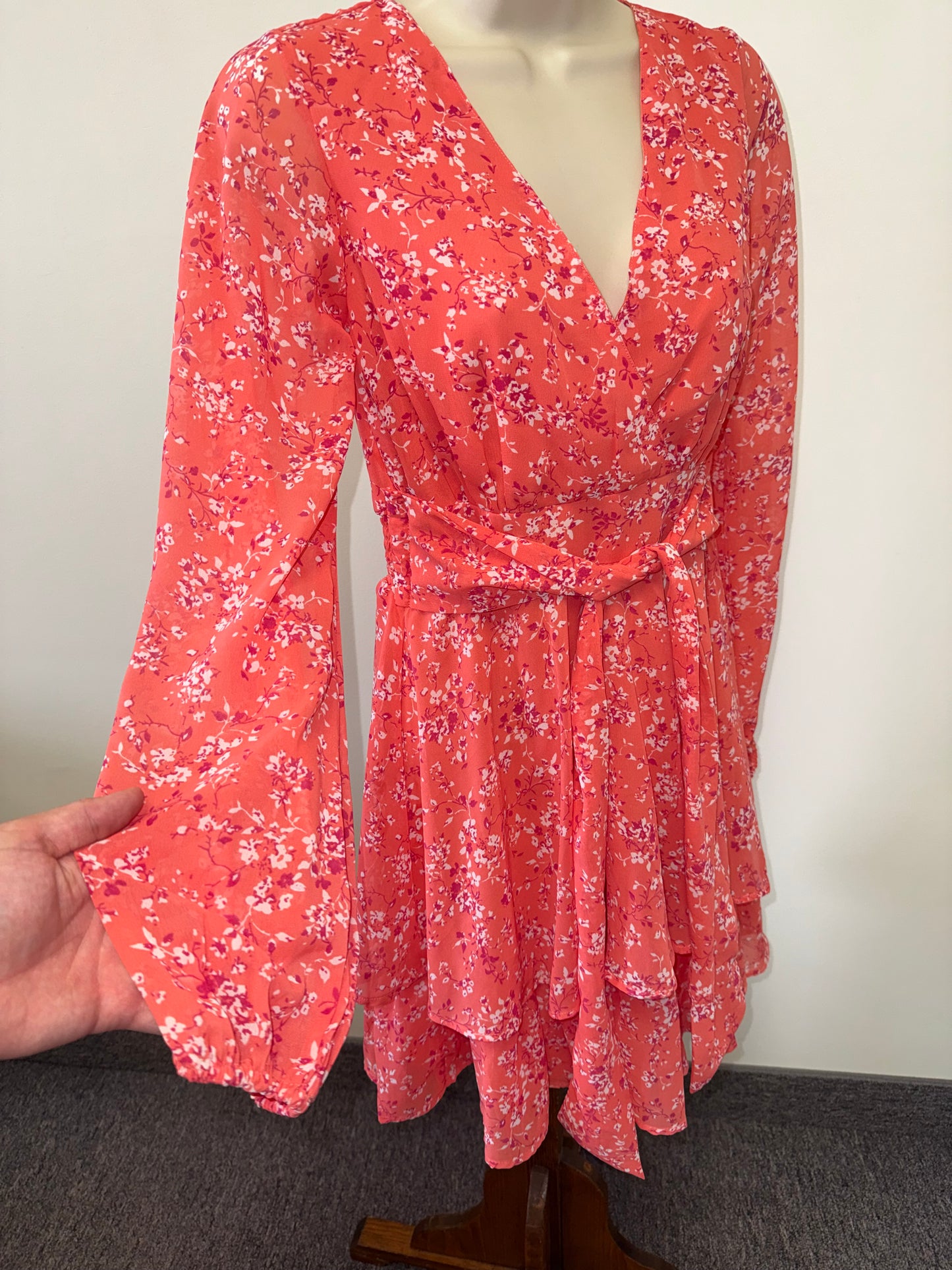 Japna (XS) Orange//Peach Sheer Long Sleeve Ruffle Midi Dress with Tied Front