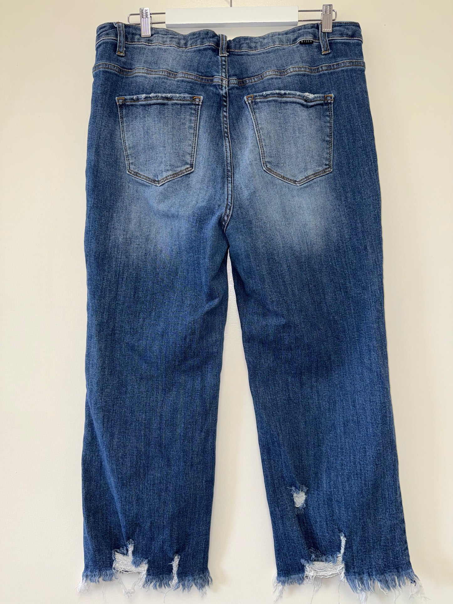 Risen Jeans (2XL) Blue Distressed Straight Leg Denim Jeans with Jeweled Pockets