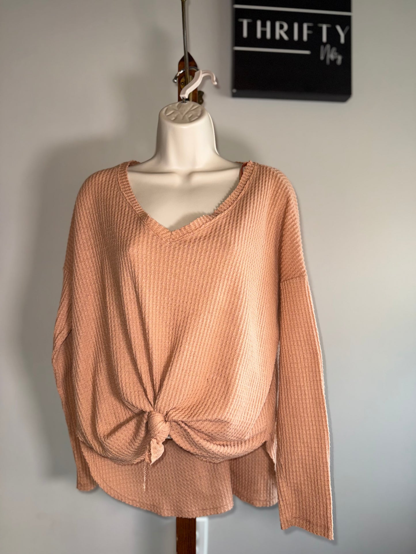 Wild Fable (Small) Tan V-Neck Waffle Knit Long Sleeve Top