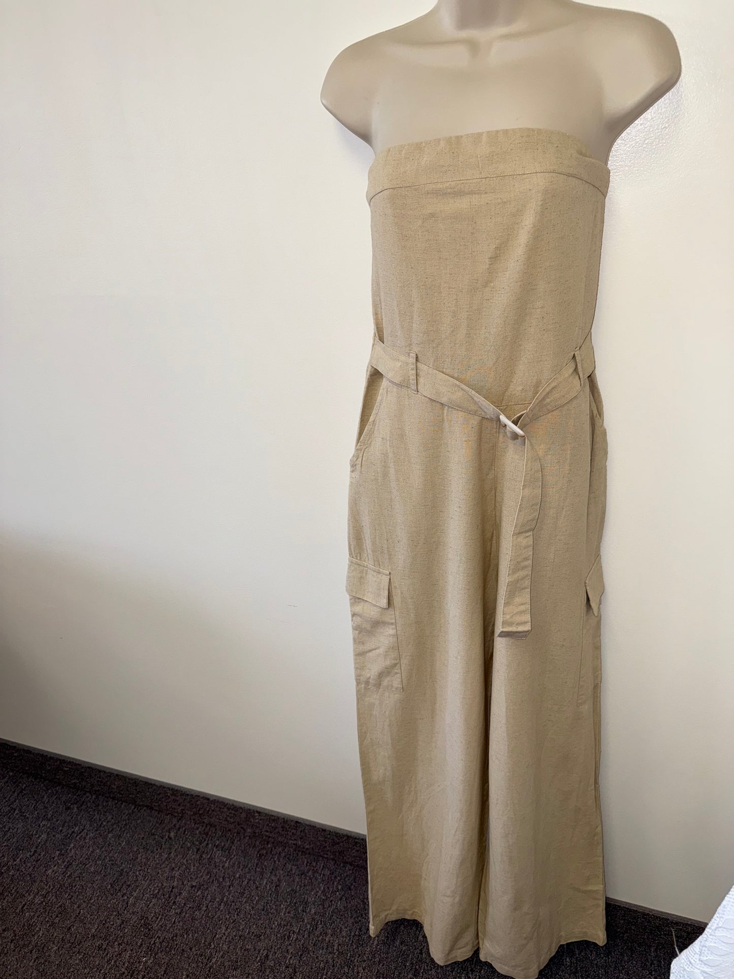 NWT Sim & Sam (Large) Brand New Tan Linen Blend Strapless Jumpsuit with Belt