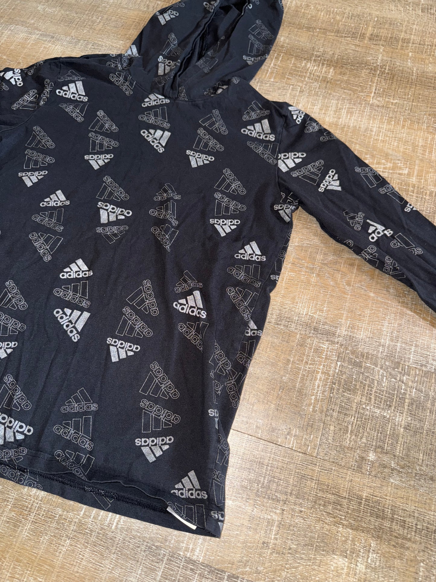 adidas (Kids XL) Black//Grey Logo Pattern Long Sleeve with Hoodie