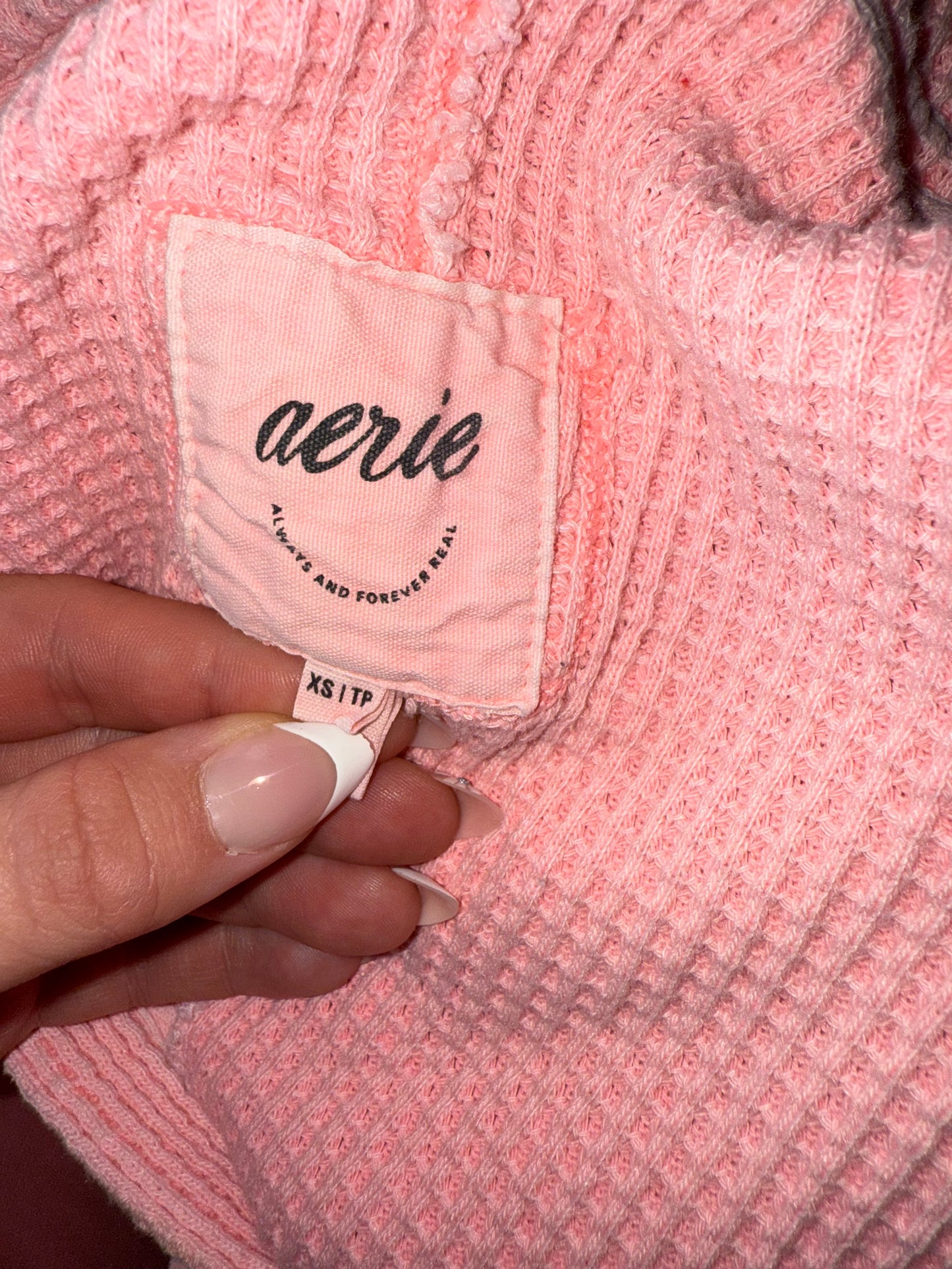 aerie (XS) Pink V-Neck Waffle Knit Oversized Long Sleeve