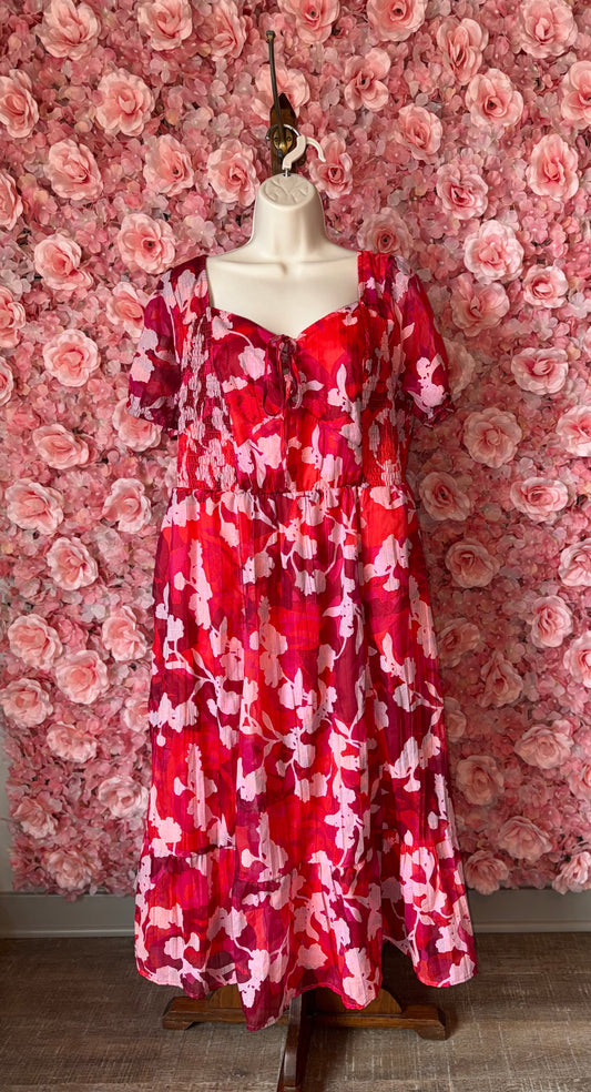 Torrid (2) Red//Pink Floral Sheer Lace Up Maxi Dress