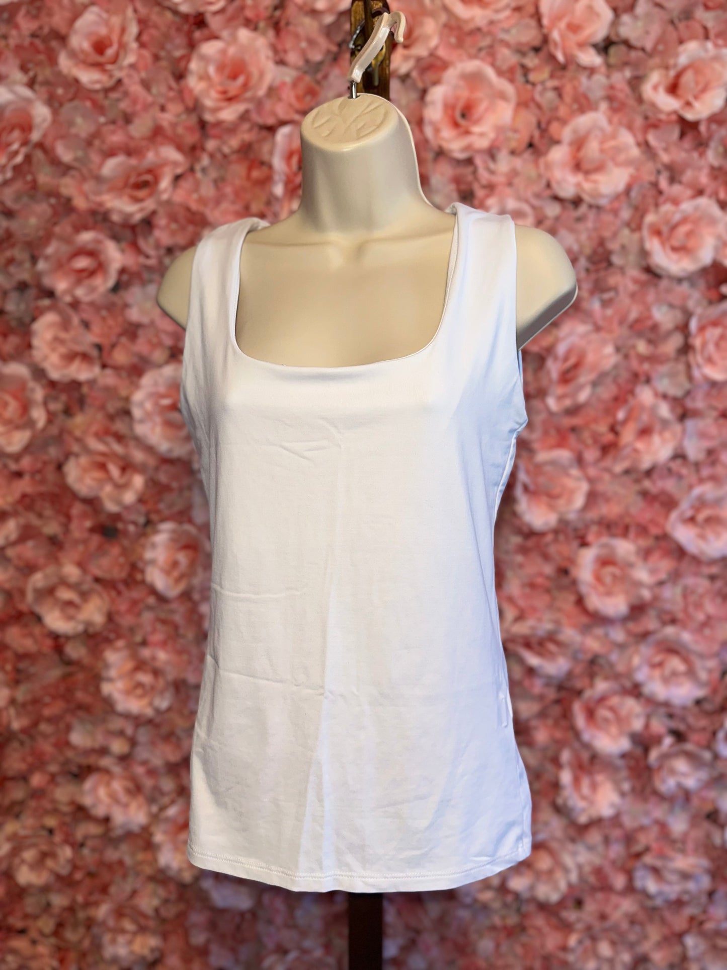 Zara (Large) White Form Fitting Stretchy Polyamide Tank Top with Low Scoop Neck