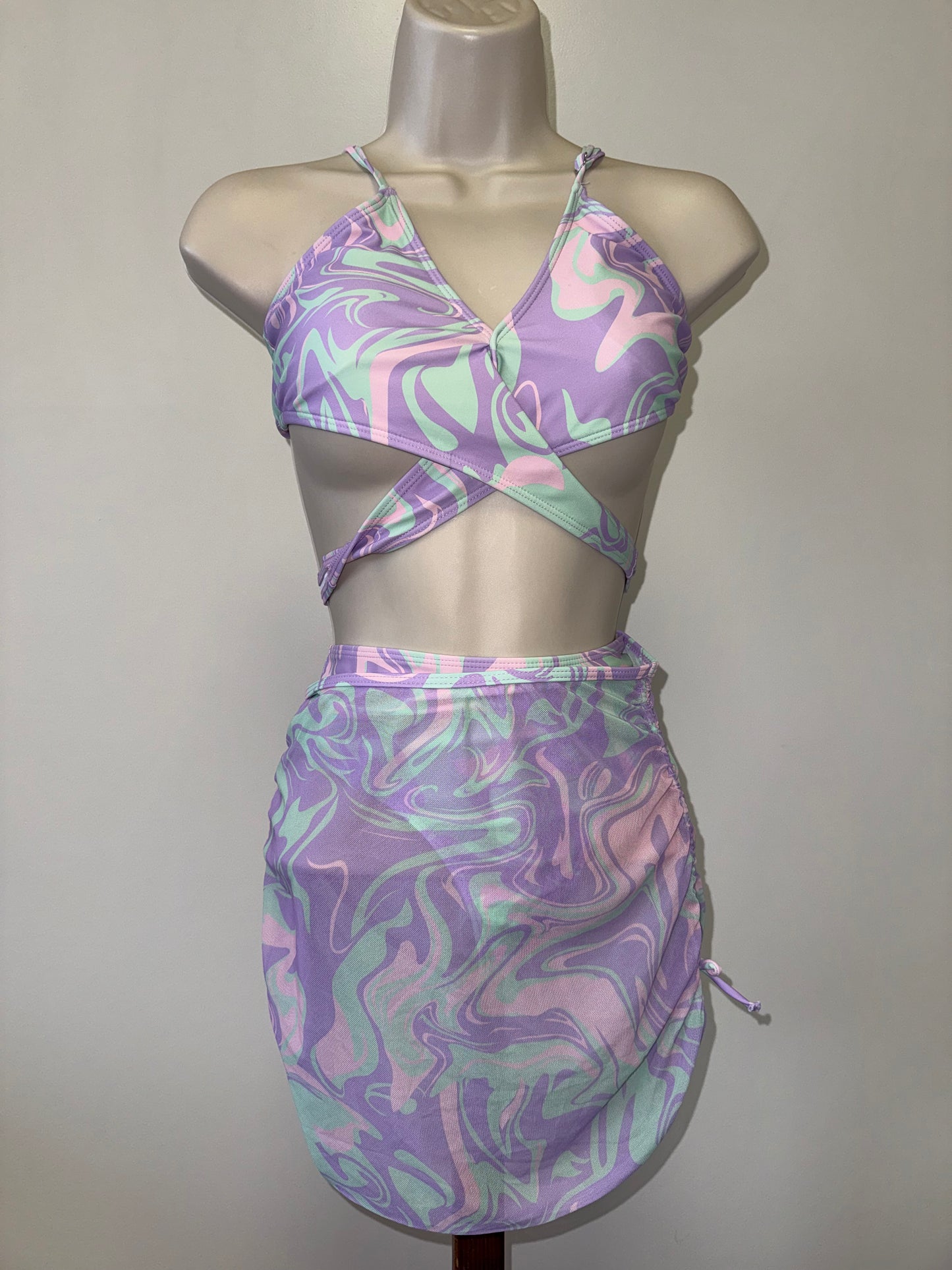 SHEIN (Teen 12Y-13Y) Purple/Green Swirl Pattern 3 Piece Swim Suit