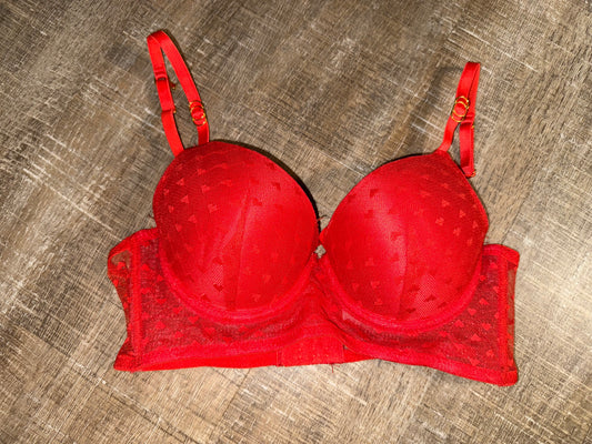 (34B) Red Sheer Heart Pattern Bra