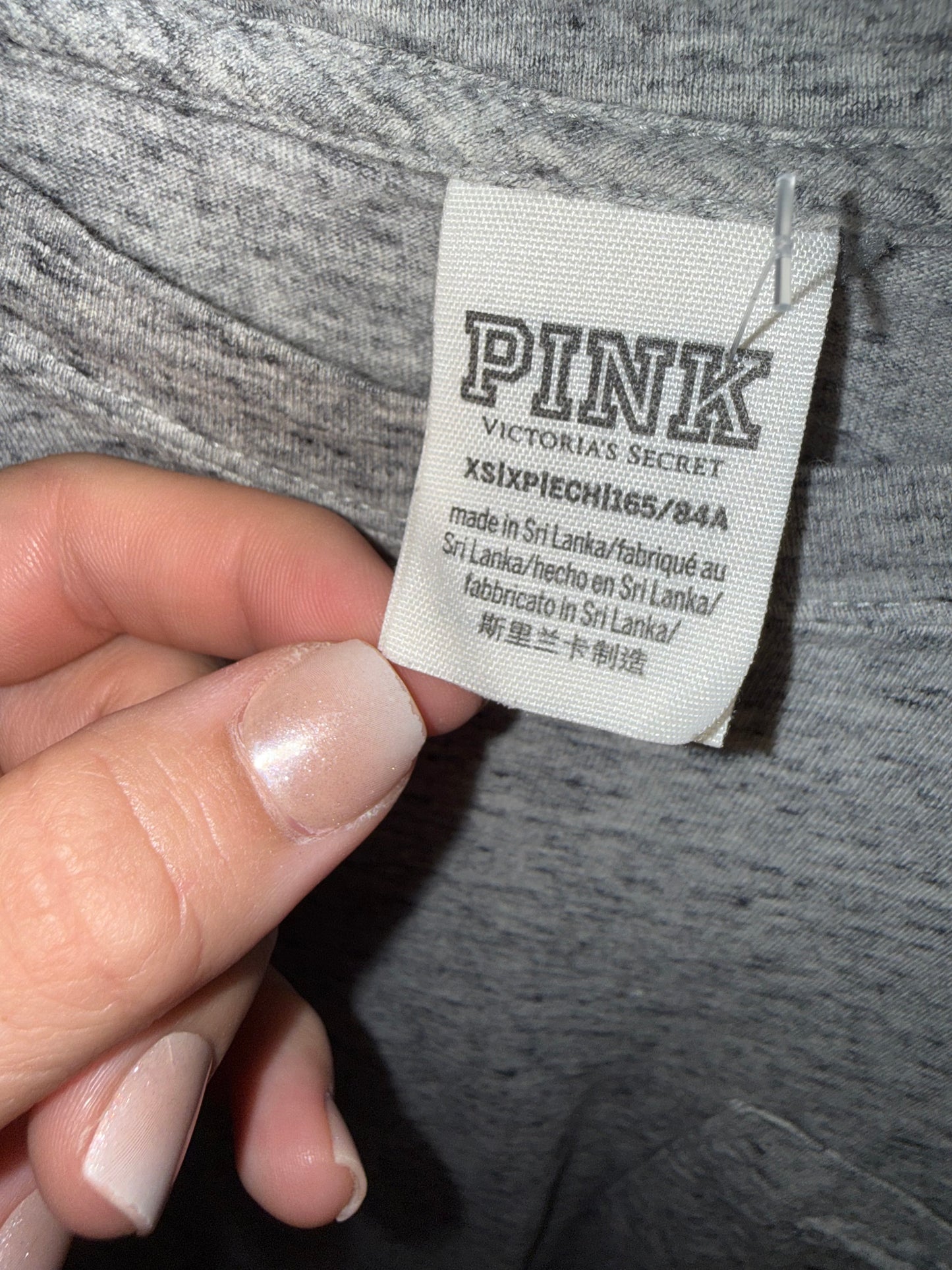 PINK Victoria's Secret (XS) Grey/White Striped Logo Sleeves & Gold Sequin Dog