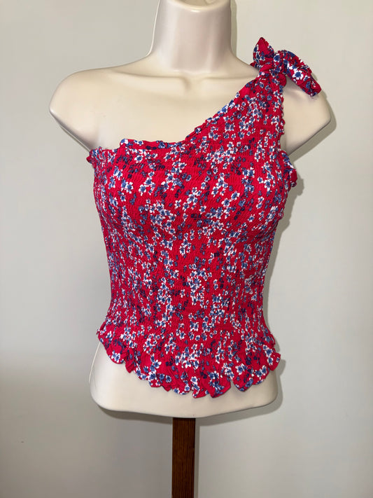 Japna (Small) Red Scrunched One Shoulder Floral Crop Top
