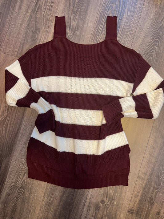 New York & Company (Small) Maroon/White Striped Cold Shoulder Striped Sweater