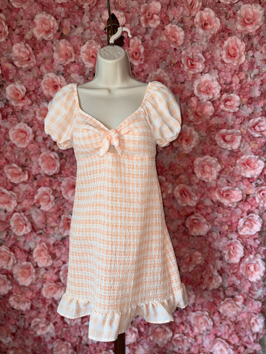 Madden NYC (Medium) Peach & White Plaid Off-The-Shoulder Dress with Stretch