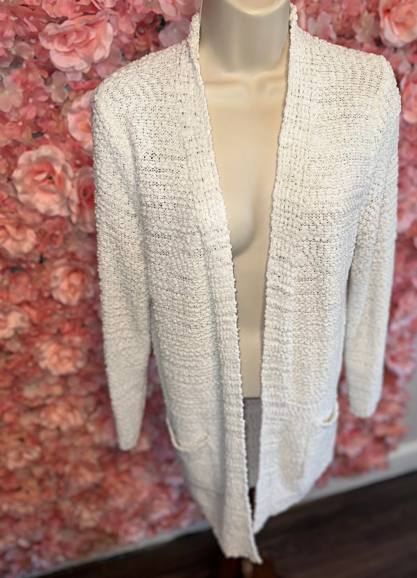 Sienna Sky (Small) White Fuzzy Knit Sweater Cardigan with Pockets