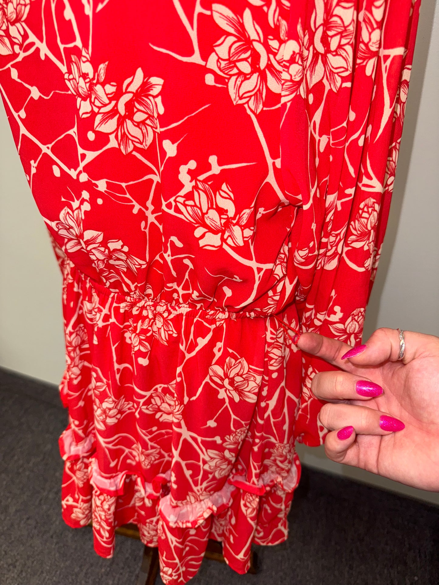 Flying Tomato (Small) Brand New Red//Cream Floral Long Sleeve Ruffle Dress