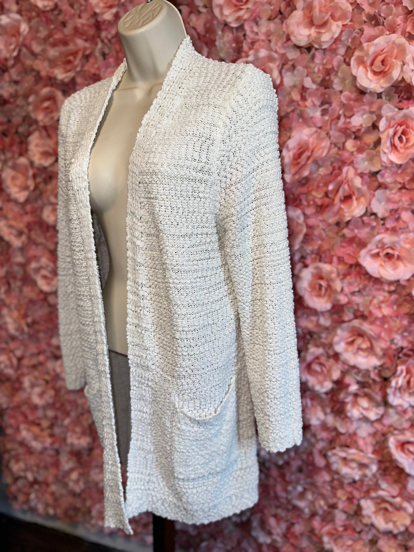 Sienna Sky (Small) White Fuzzy Knit Sweater Cardigan with Pockets