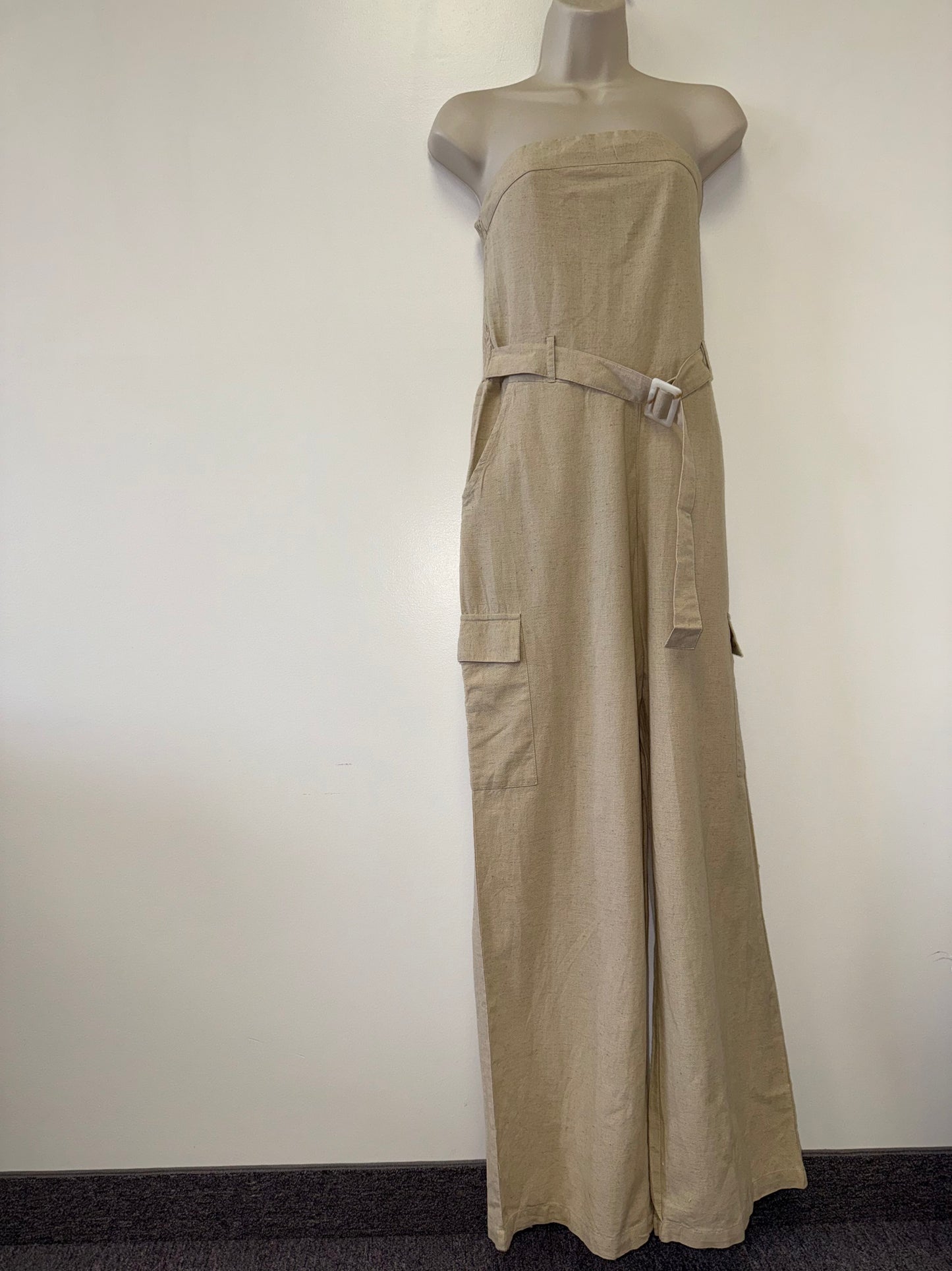 NWT Sim & Sam (Large) Brand New Tan Linen Blend Strapless Jumpsuit with Belt
