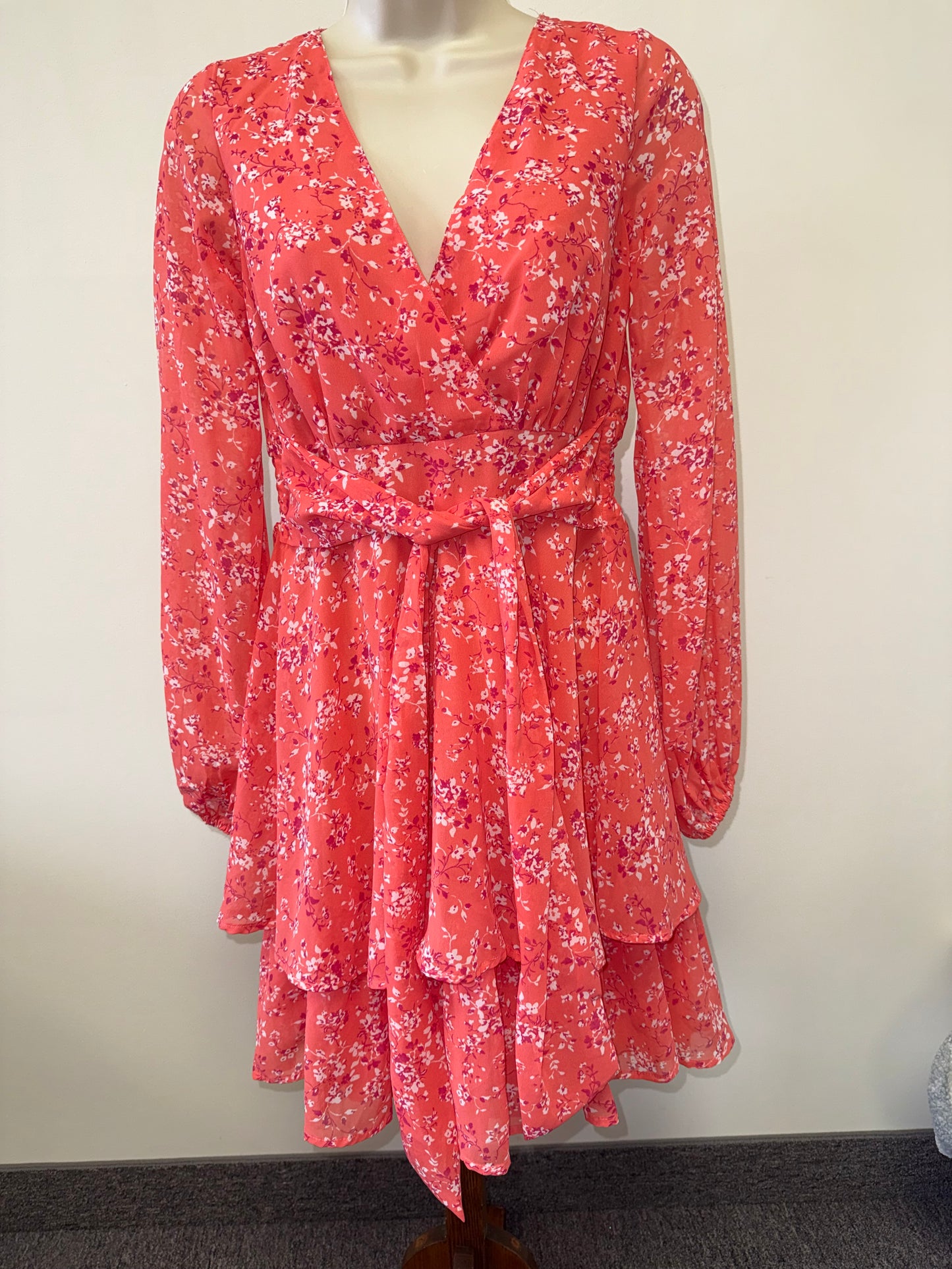 Japna (XS) Orange//Peach Sheer Long Sleeve Ruffle Midi Dress with Tied Front